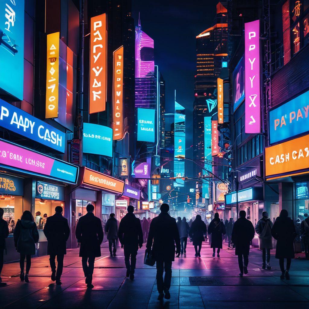 A dynamic cityscape at dusk with bright neon lights, depicting a diverse group of people exploring various financial options like payday cash advances. Include visuals of cash flow, speed symbols like arrows or clocks, and satisfied faces reflecting hope and security. The city should have a modern feel, blending technology and finance. vibrant colors. cyberpunk.