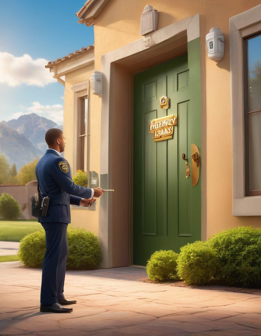 A confident individual holding a small key that unlocks a glowing door labeled 'Emergency Payday Loans', surrounded by protective shields symbolizing safety. The background features a calm landscape enhancing security and trust, with subtle dollar signs cascading like leaves. The scene conveys hope and assurance. vibrant colors. super-realistic.