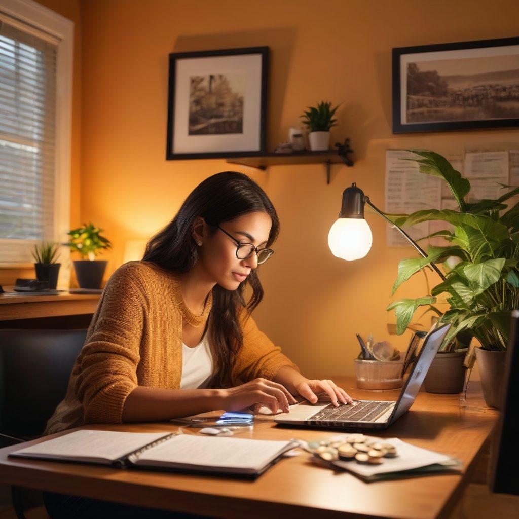 A person sitting comfortably at a desk illuminated by a soft lamp, browsing a laptop displaying various payday lending options. Around the desk, stacks of coins and a calculator symbolize affordability and careful budgeting. A backdrop of a cozy home setting with plants and motivational quotes on the wall enhances the feeling of security and trust. The scene is warm and inviting, suggesting a safe approach to online lending. super-realistic. warm colors. cozy atmosphere.